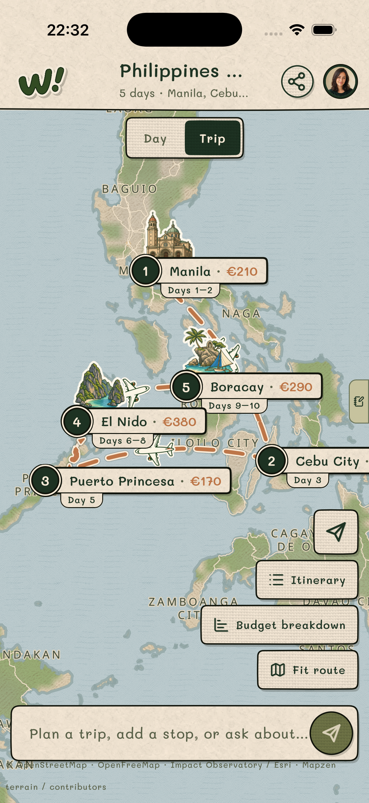 Working Wheee! mobile beta showing a multi-stop Philippines itinerary across Manila, Cebu, Palawan, El Nido, and Boracay