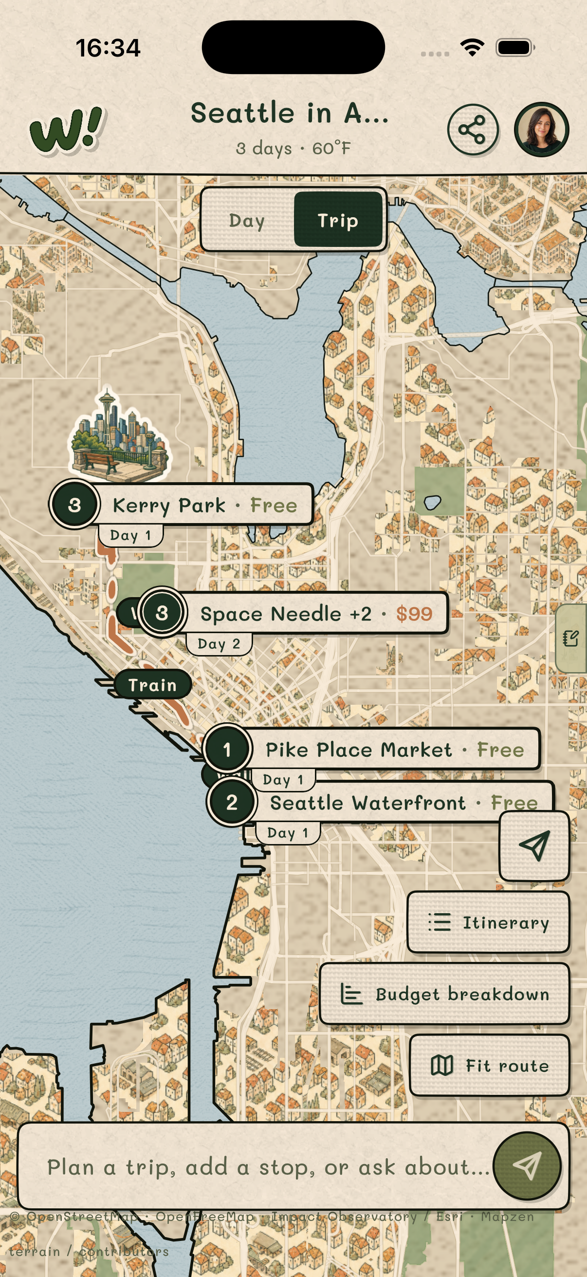 Working Wheee! mobile beta showing a Seattle itinerary on an illustrated map